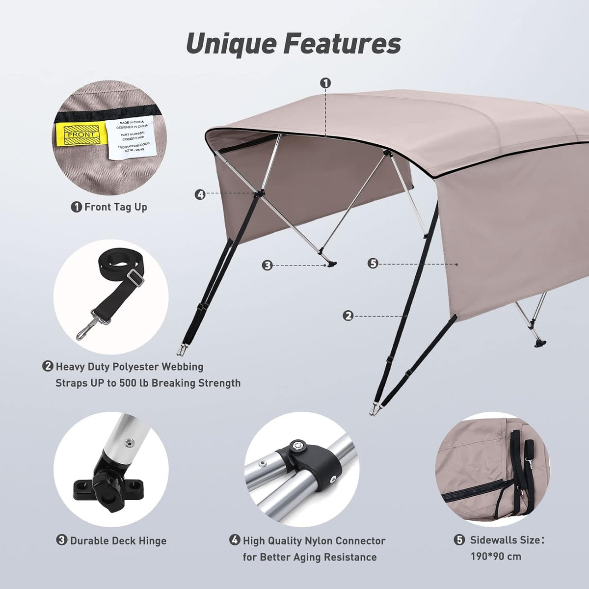 3 / 4 Bow Bimini Top Cover with Sidewalls Boat Canopy with 1 Inch Aluminum Frame G661734