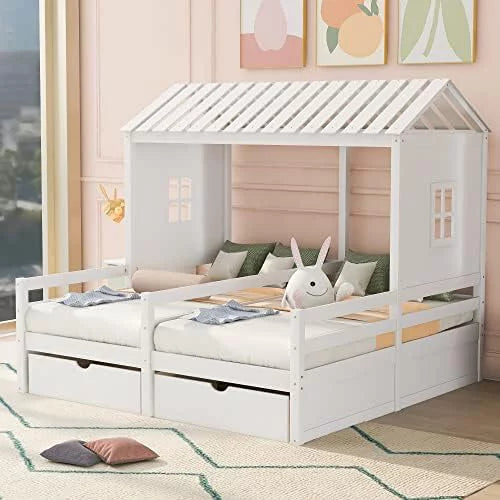 White Wood House Bed with 2 Platform Beds and Storage Drawers D329