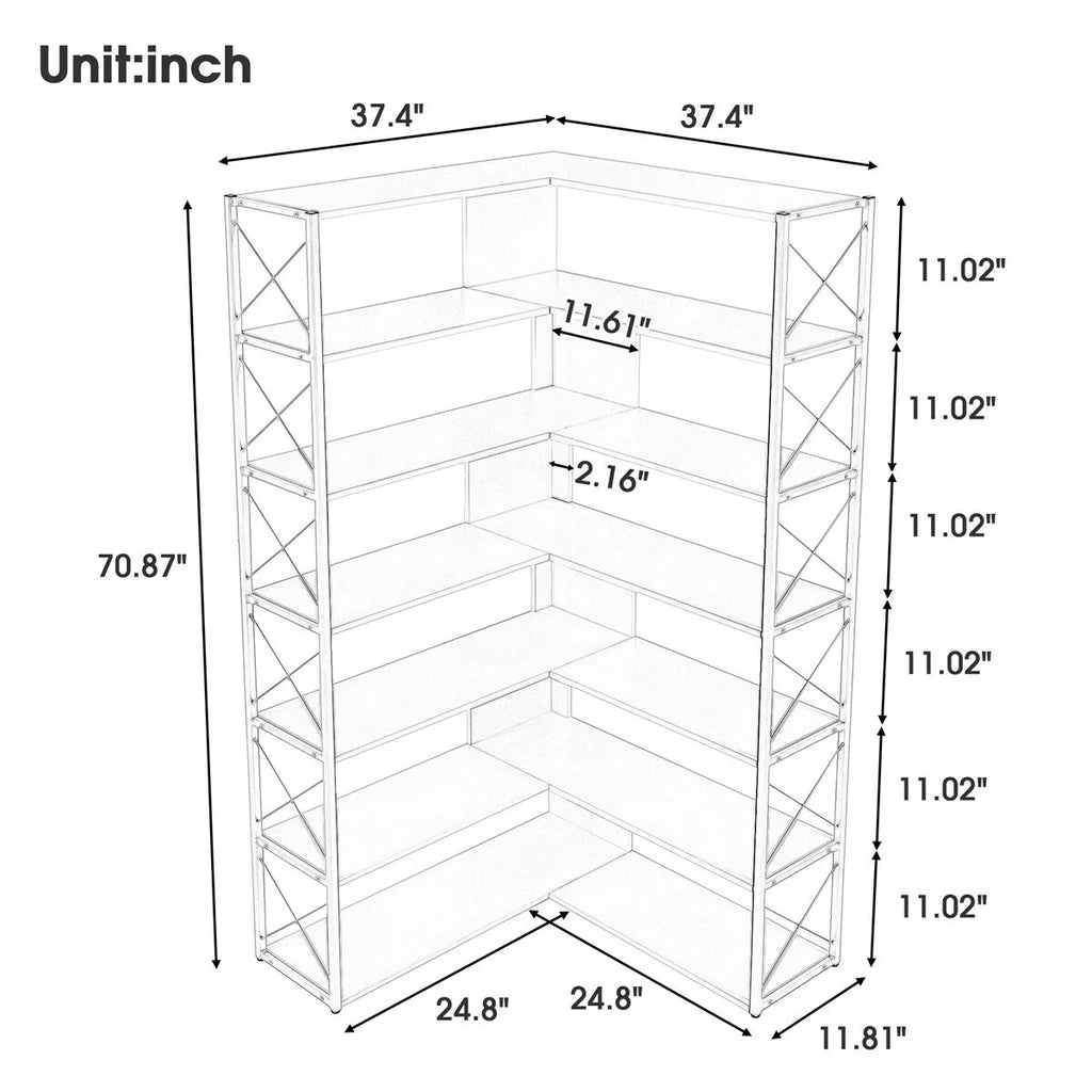 L-Shaped 7-Tier Corner Bookcase with Metal Frame S704210