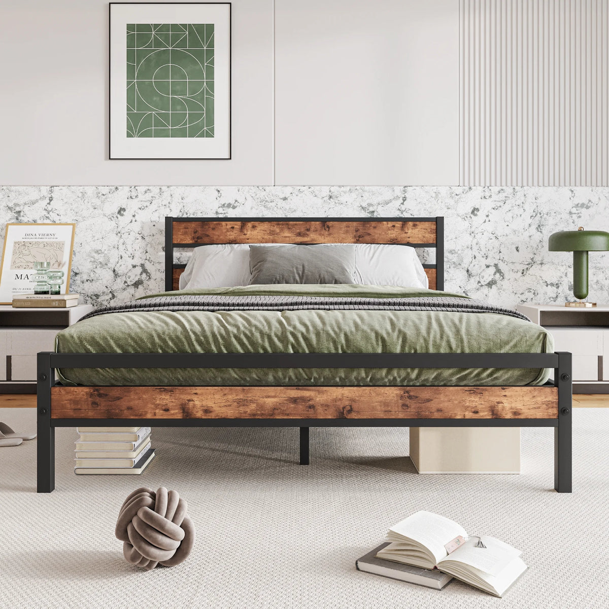 Queen Size Metal Platform Bed Frame with Headboard and Footboard R756279