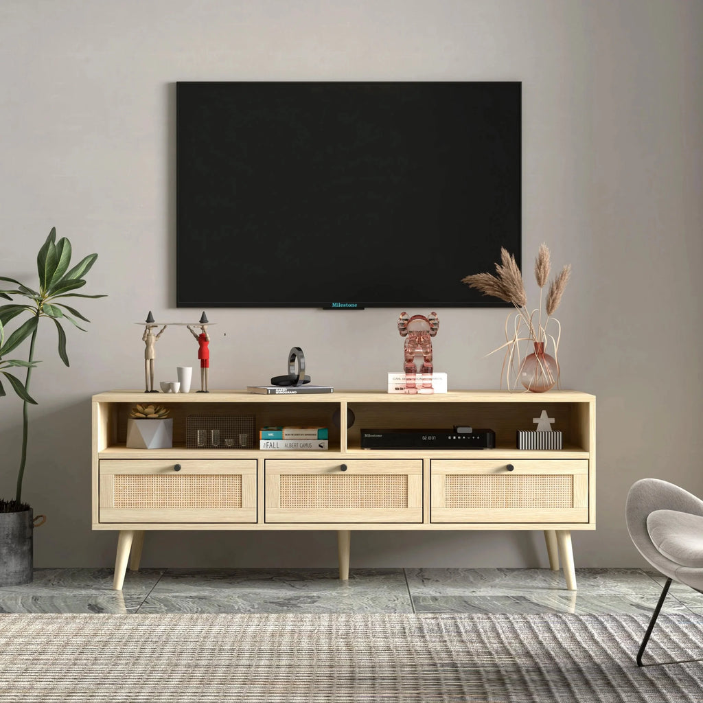 Rattan TV Stand with Solid Wood Feet B582842