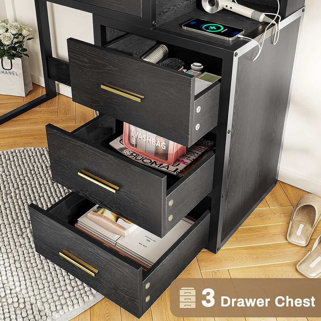 Black Makeup Vanity with Lights and Charging Station, 5 Drawers and Mirror E622034
