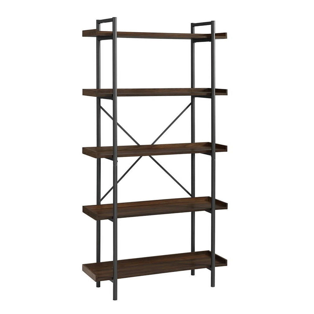 5 Shelf Dark Walnut Wood Bookshelf Set of 2 I98471