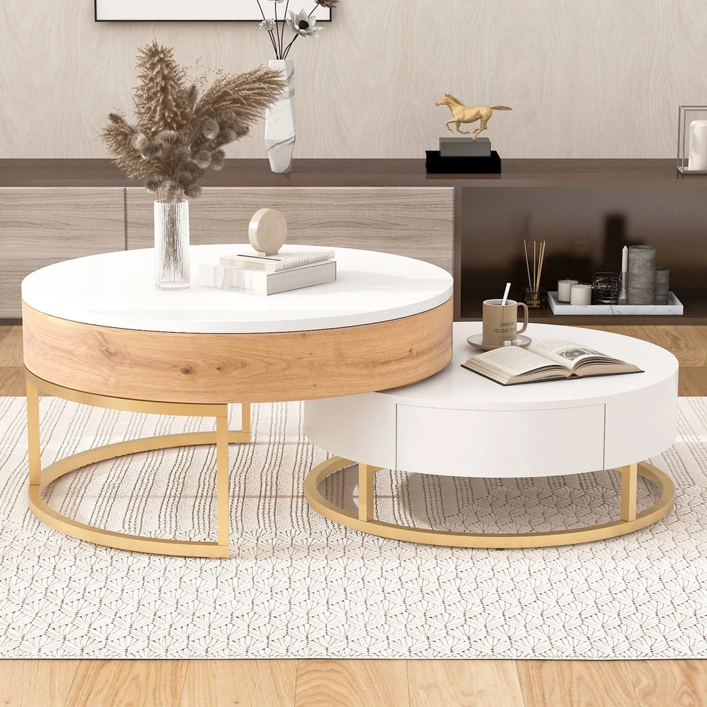 Round Lift-top Nesting Coffee Tables with 2 Drawers Q49693
