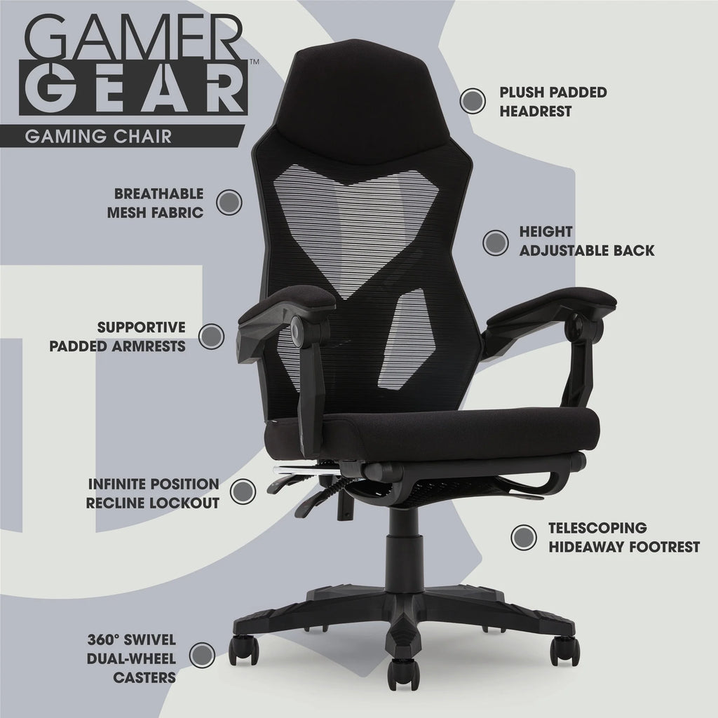 Black Fabric Gaming Office Chair with Extendable Leg Rest A3694