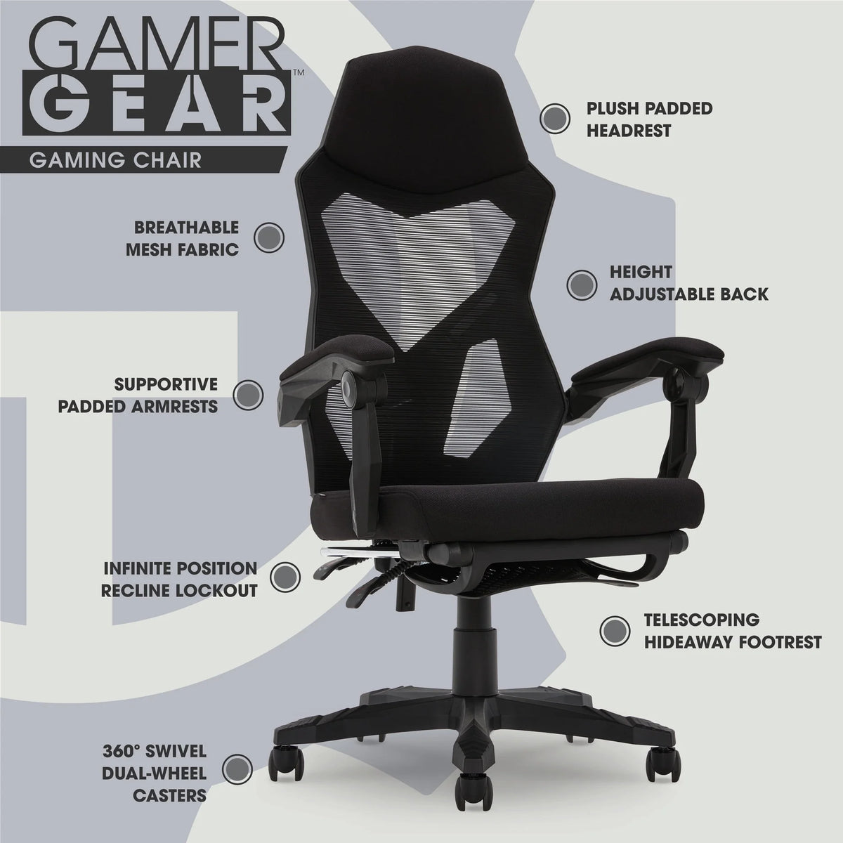 Black Fabric Gaming Office Chair with Extendable Leg Rest A3694