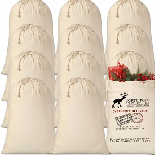 12 Pcs Christmas Sack with Drawstring Cotton Laundry Bag L54075