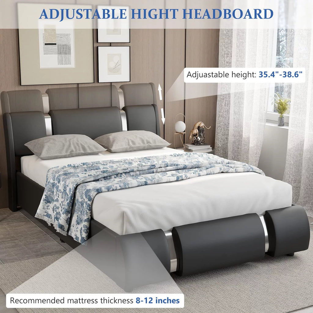 Faux Leather Full Size Platform Bed with LED Light and Adjustable Headboard B744
