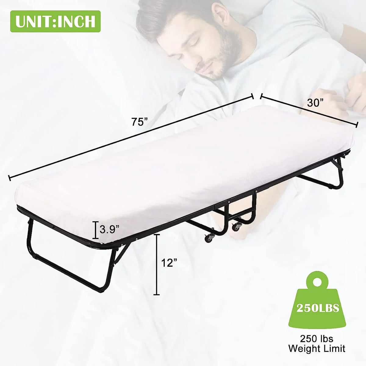 Folding Bed with Memory Foam Mattress and Wheels T38718