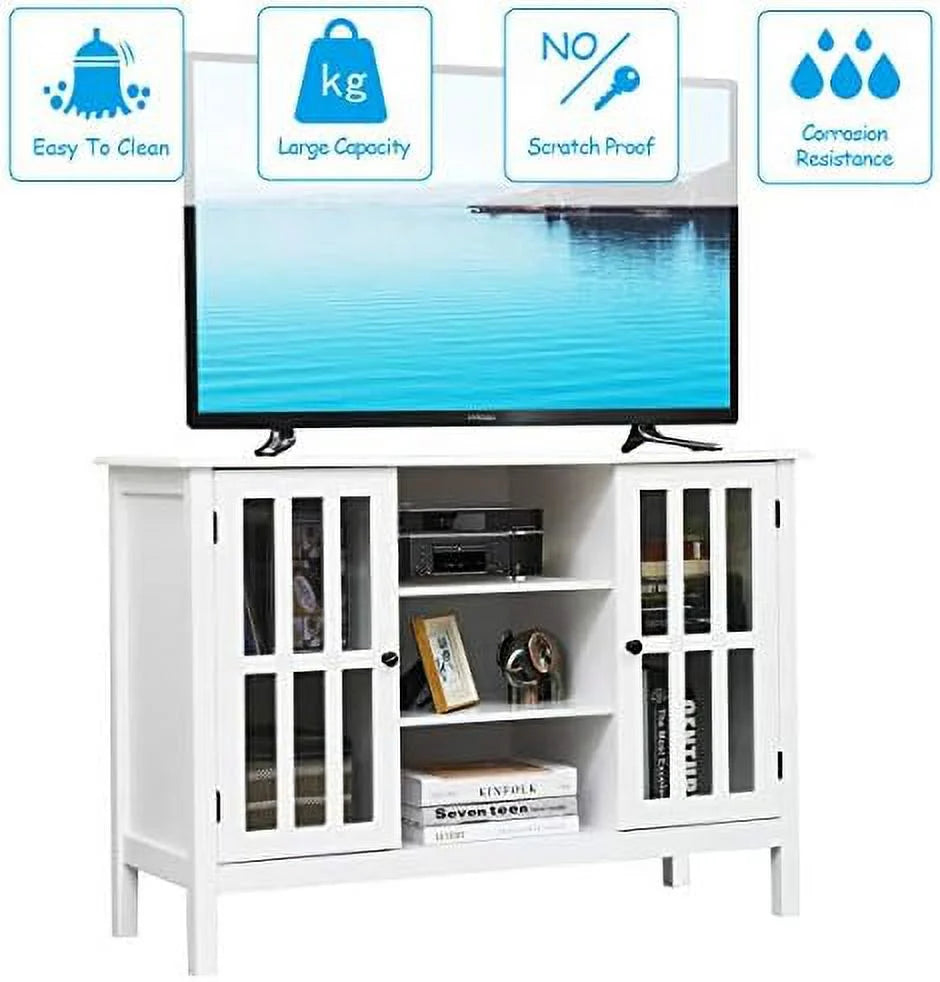 White Modern TV Stand up to 50 Inch with 2 Cabinets and 3 Open Shelves D829