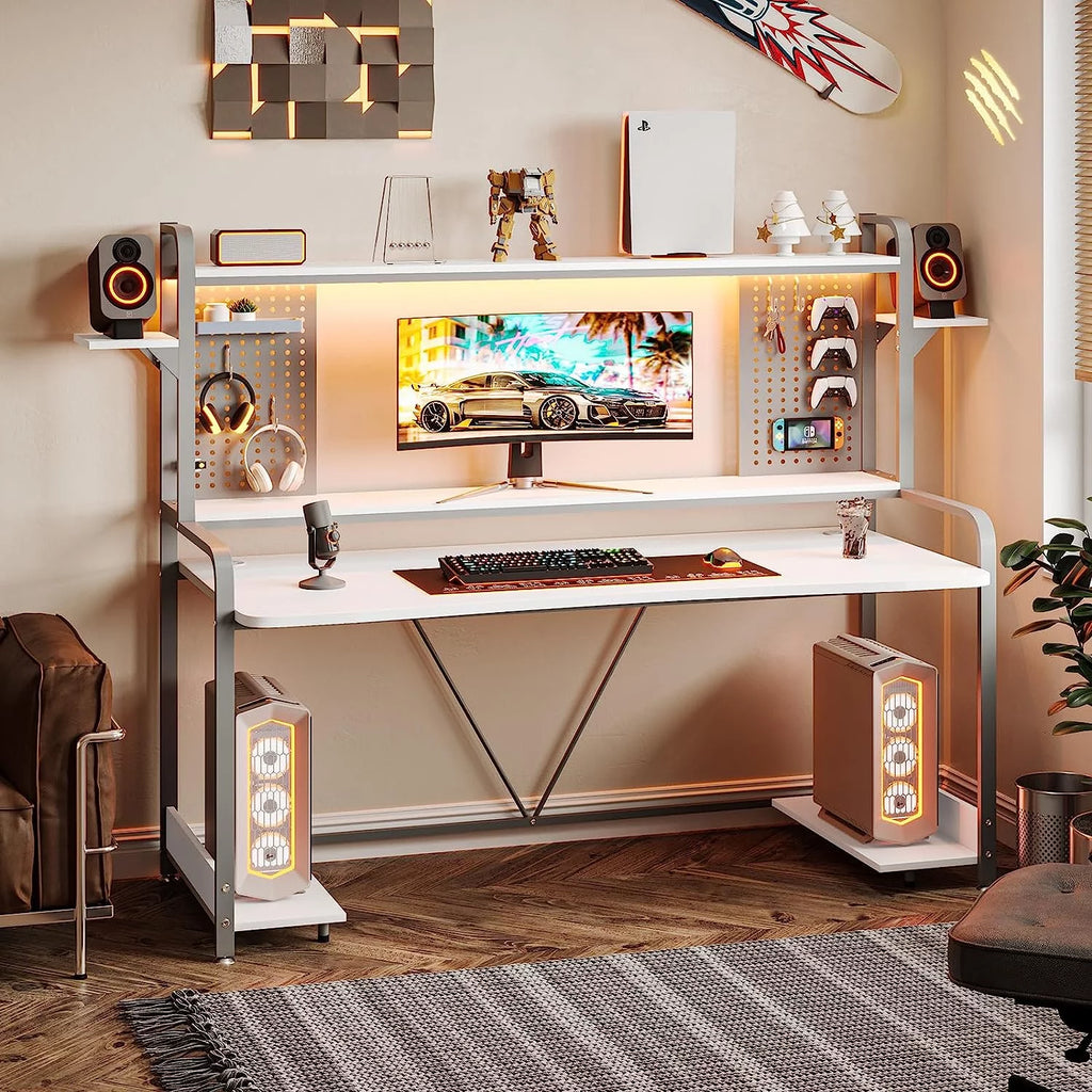 55" White Computer Desk with Hutch and Shelves G546