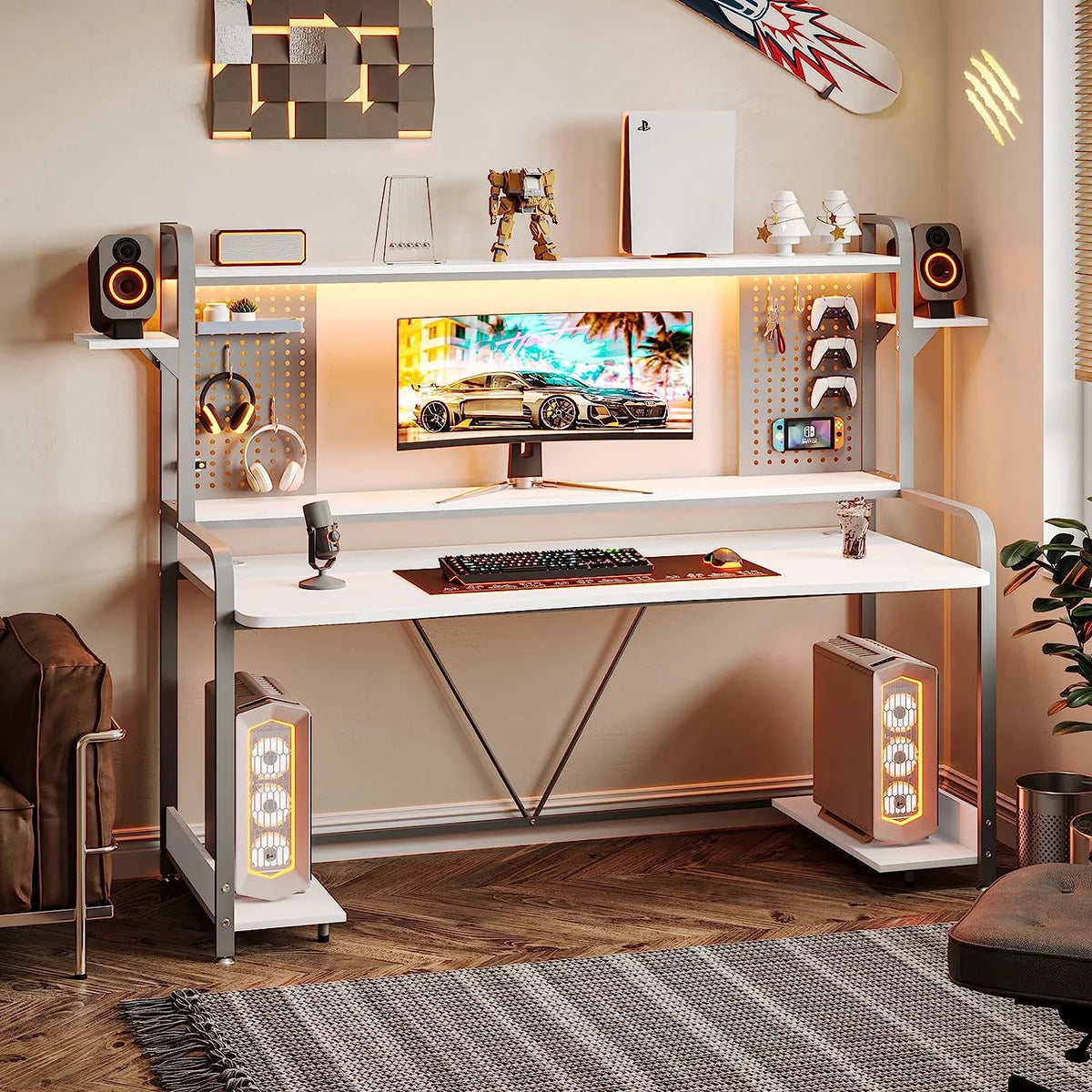 55" White Computer Desk with Hutch and Shelves G546