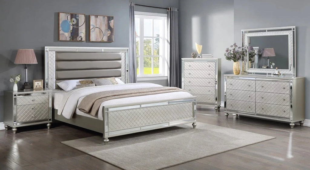 4pc Queen Size Upholstery LED Bed Dresser Mirror Nightstand Wooden Furniture Set I150298
