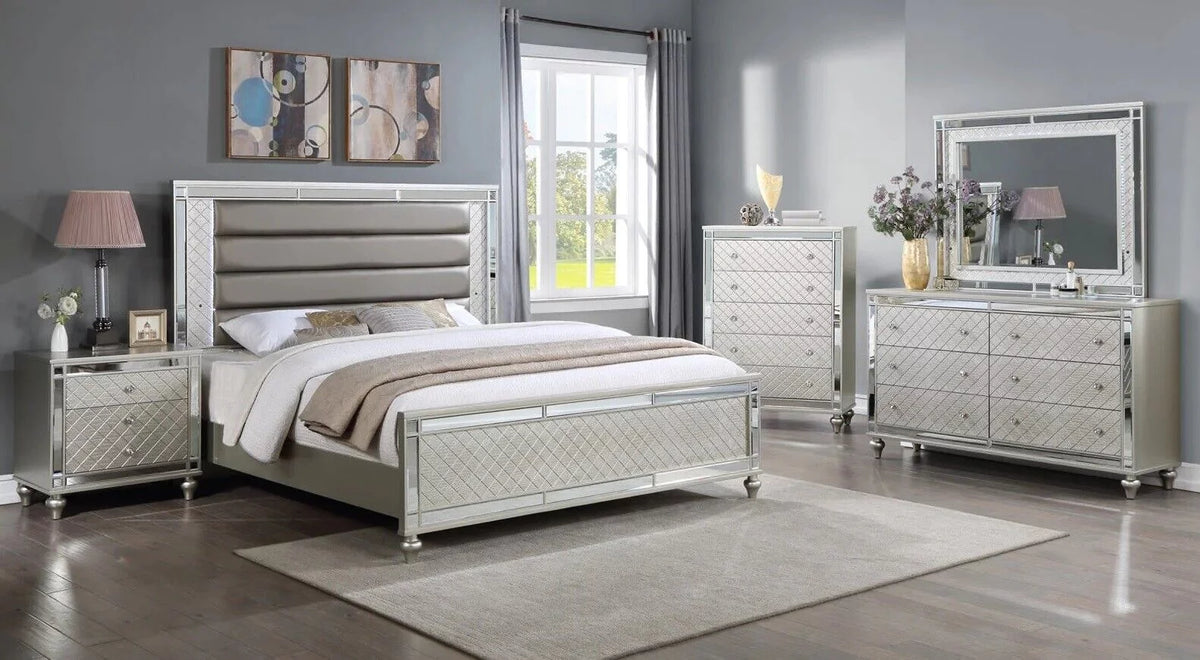 4pc Queen Size Upholstery LED Bed Dresser Mirror Nightstand Wooden Furniture Set I150298