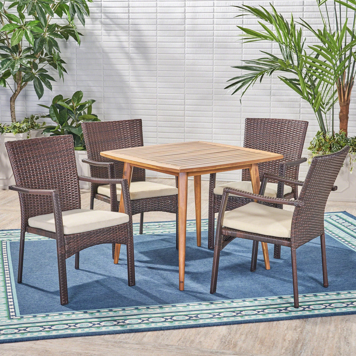 5 Piece Wicker and Acacia Wood Dining Set Z581103