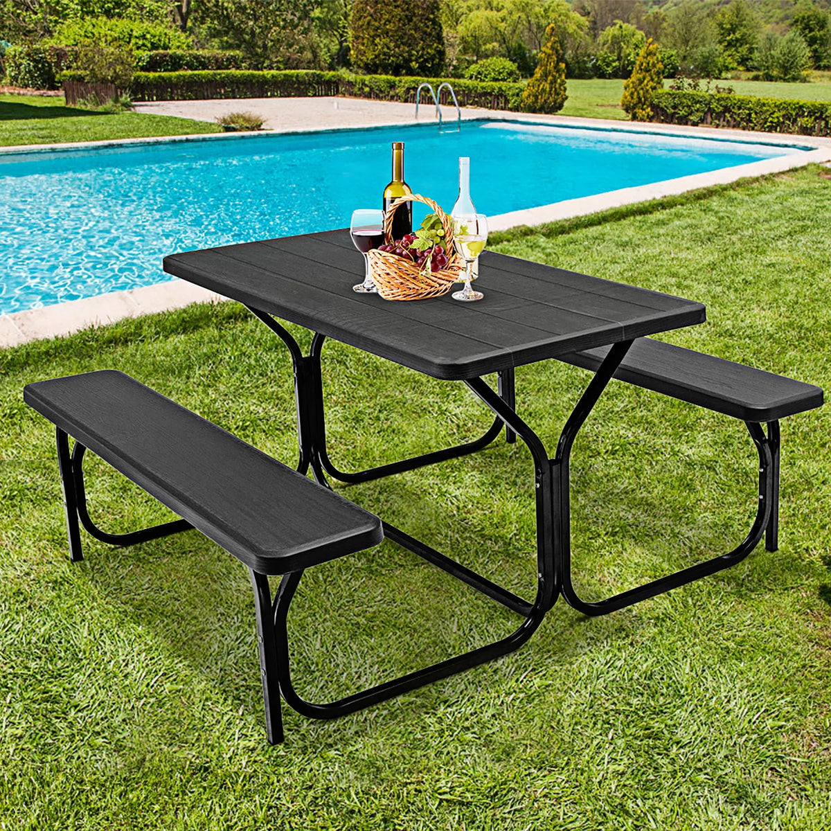 Black Outdoor Picnic Table Bench Set J269973