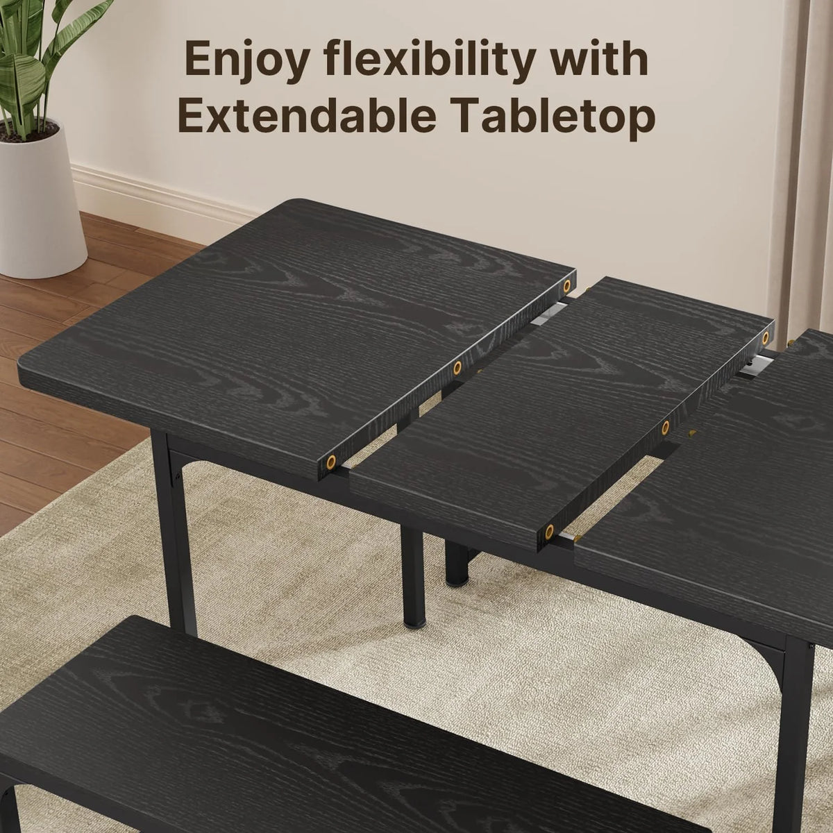 Black Extendable Dining Table Set with 2 Benches C28575
