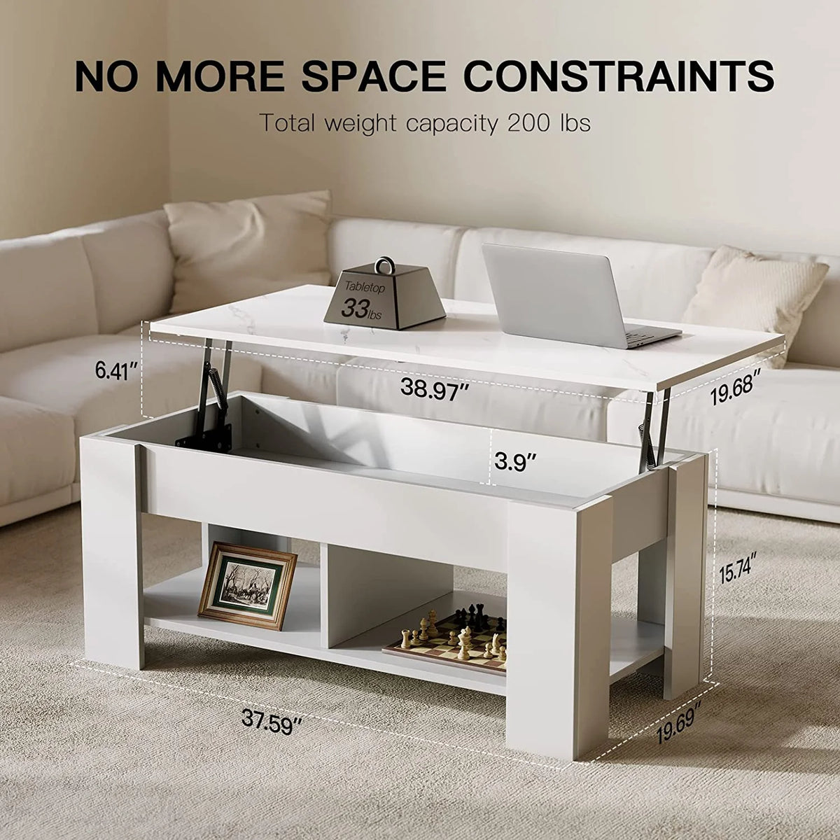 Lift Top Coffee Table 39in with Hidden Compartment and Storage Shelf A390