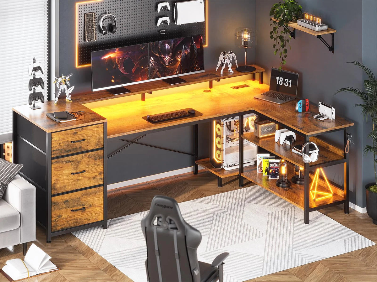 L Shaped Desk with LED Light, 67" Home Office Desk with 2 File Drawer and Power Outlet, Monitor Shelf, Storage Shelves, Brown Y132