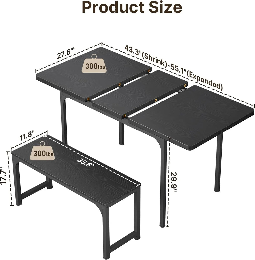 Black Extendable Dining Table Set with 2 Benches C28575