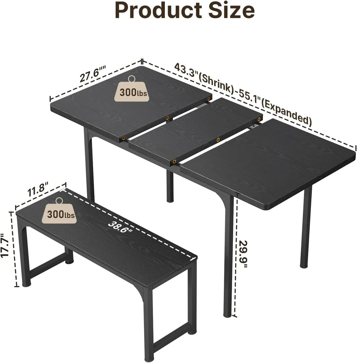Black Extendable Dining Table Set with 2 Benches C28575