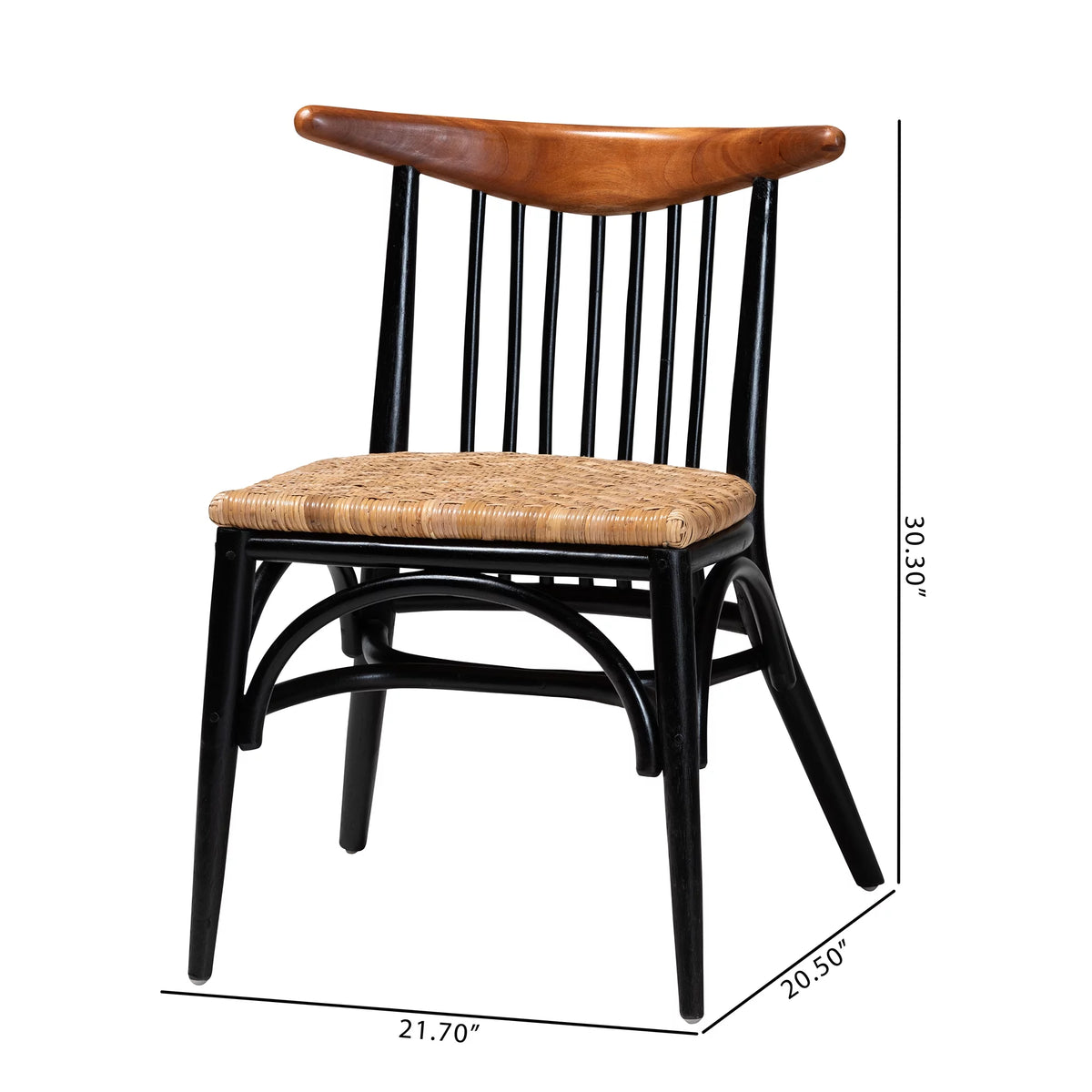 Black and Walnut Brown Wood and Rattan Dining Chair C3048