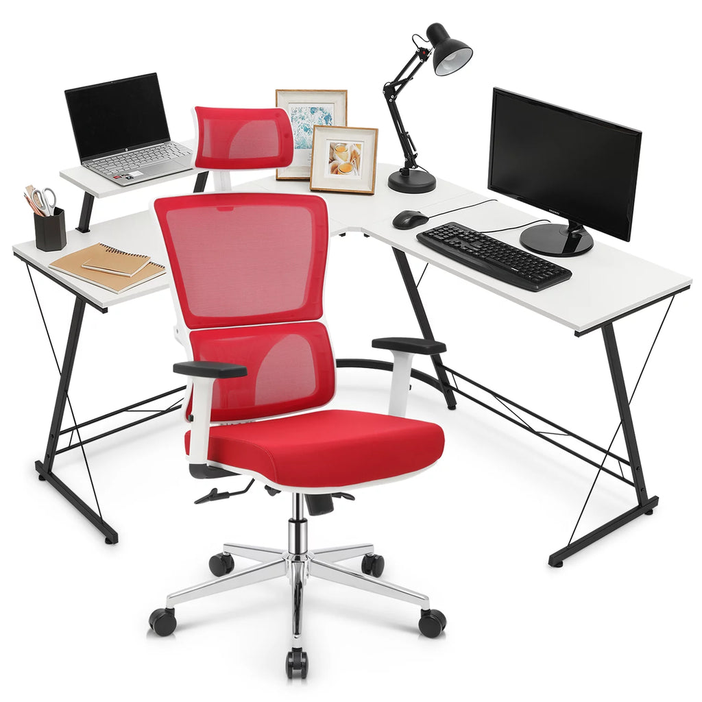 Computer Desk & Chair Set Adjustable Swivel Office Chair L Shaped Writing Table Workstation with Monitor Stand Red X77951
