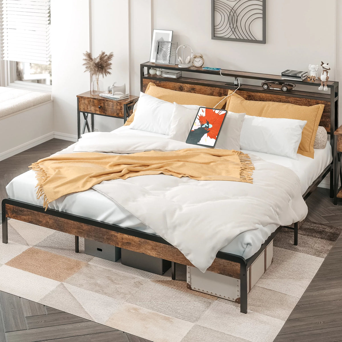 Twin Bed Frame with Storage Headboard and Charging Station F490600
