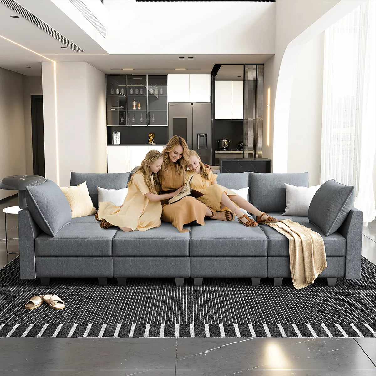 Bluish Grey Convertible Sleeper Sofa with Storage Ottomans M223772