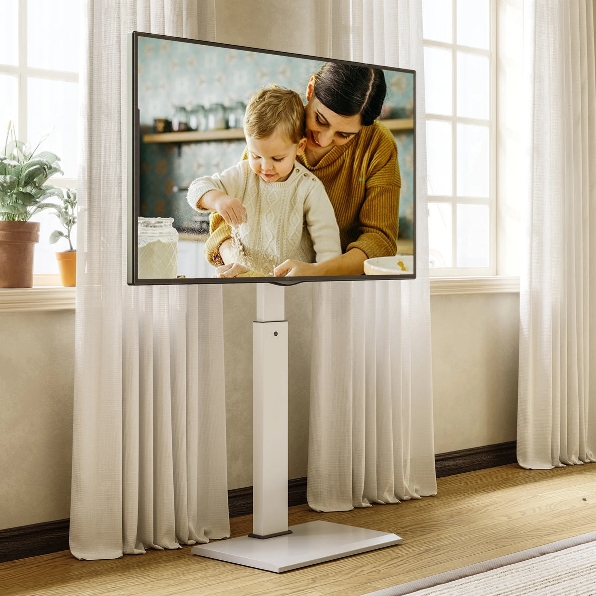 Iron Base Floor TV Stand for 32-75 Inch TVs with Adjustable Shelf, White P376221
