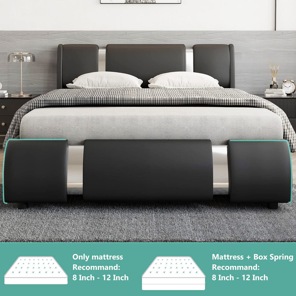 Faux Leather Full Size Platform Bed with LED Light and Adjustable Headboard B744
