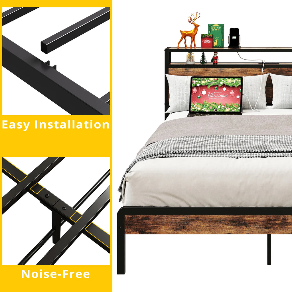 Twin Bed Frame with Storage Headboard and Charging Station F490600