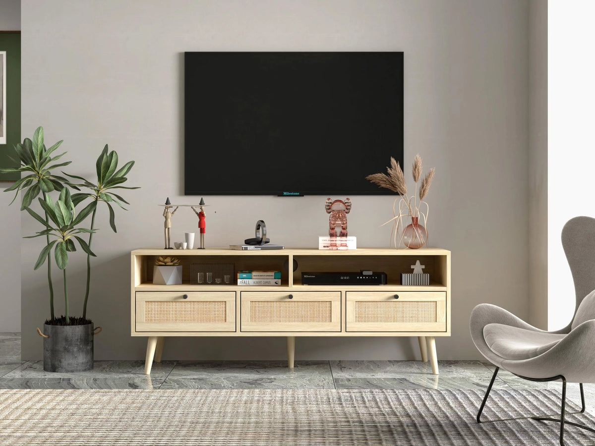 Rattan TV Stand with Solid Wood Feet B582842