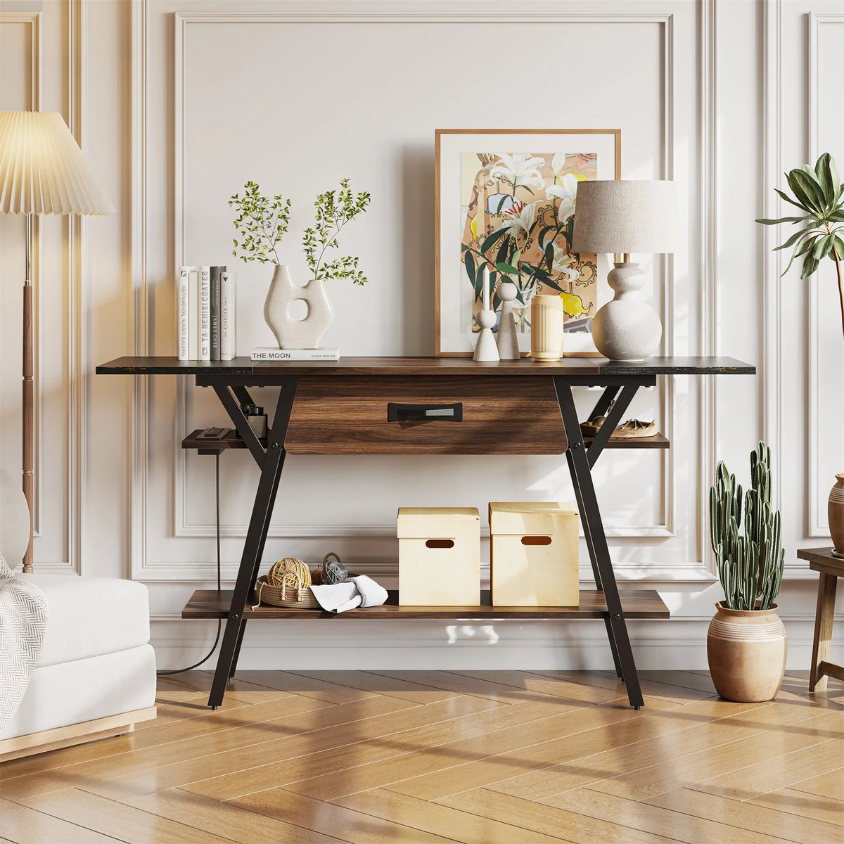 60" 3 Tier Walnut Console Table with LED Lights R179