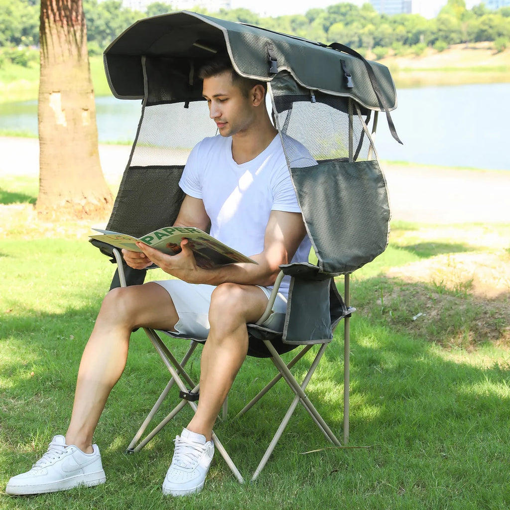 Army Green Folding Camping Chair with Shade Canopy N75305
