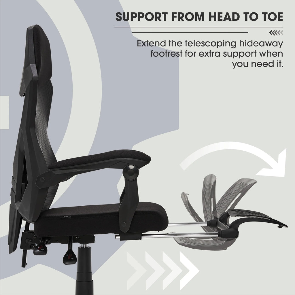 Black Fabric Gaming Office Chair with Extendable Leg Rest A3694