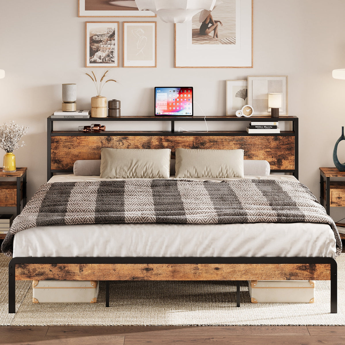 Twin Bed Frame with Storage Headboard and Charging Station F490600