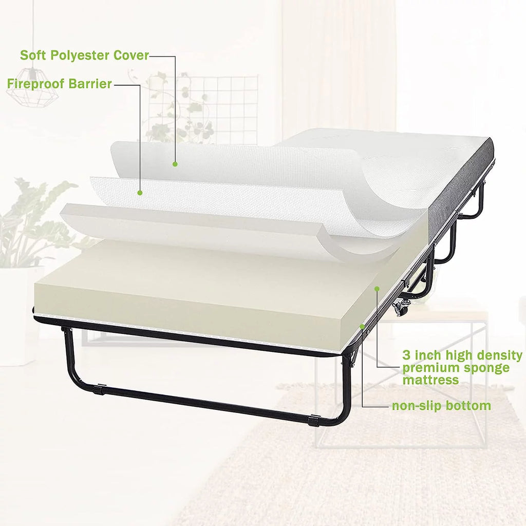 Folding Bed with Memory Foam Mattress and Wheels T38718