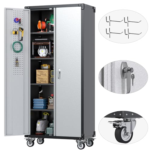 Black Metal Garage Storage Cabinet with Wheels E7973