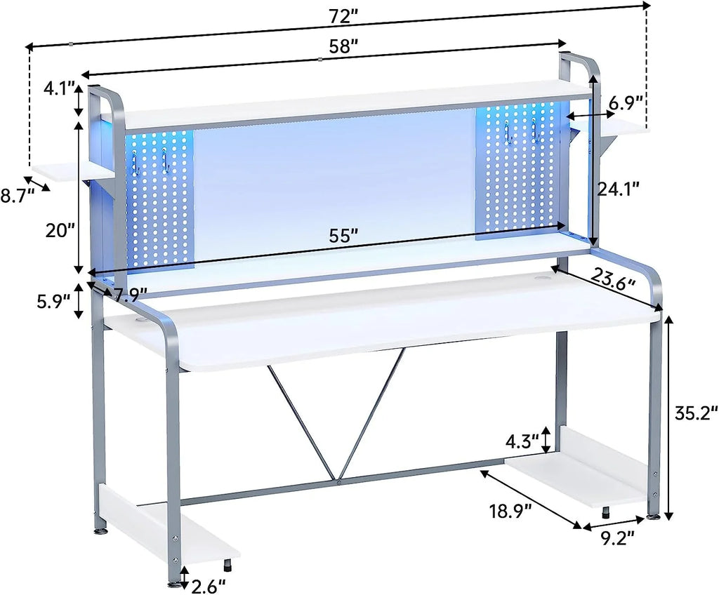 55" White Computer Desk with Hutch and Shelves G546