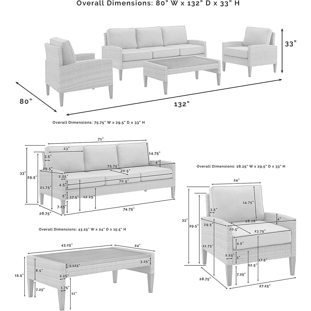 Gray 4Pc Sofa Set with Coffee Table and 2 Armchairs U558