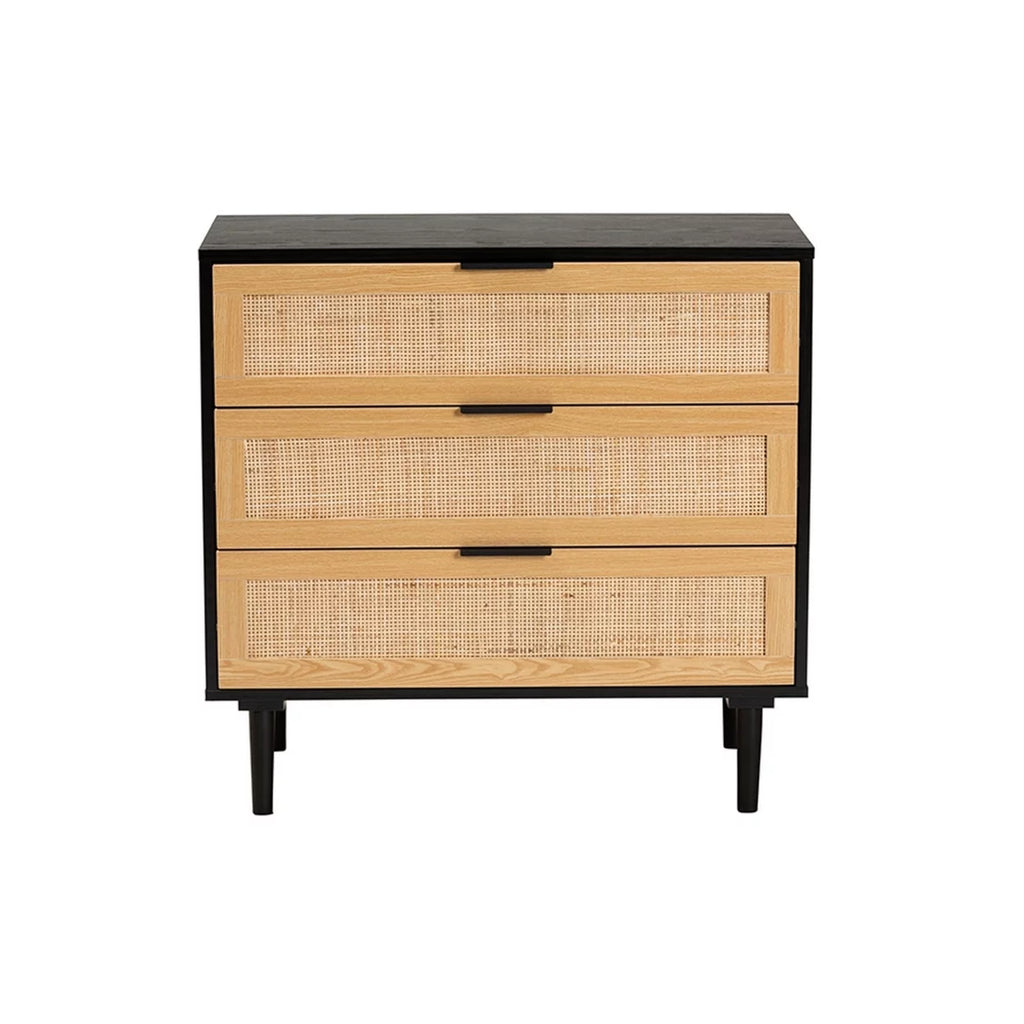 Espresso Brown Wood and Rattan 3-Drawer Dresser I4755