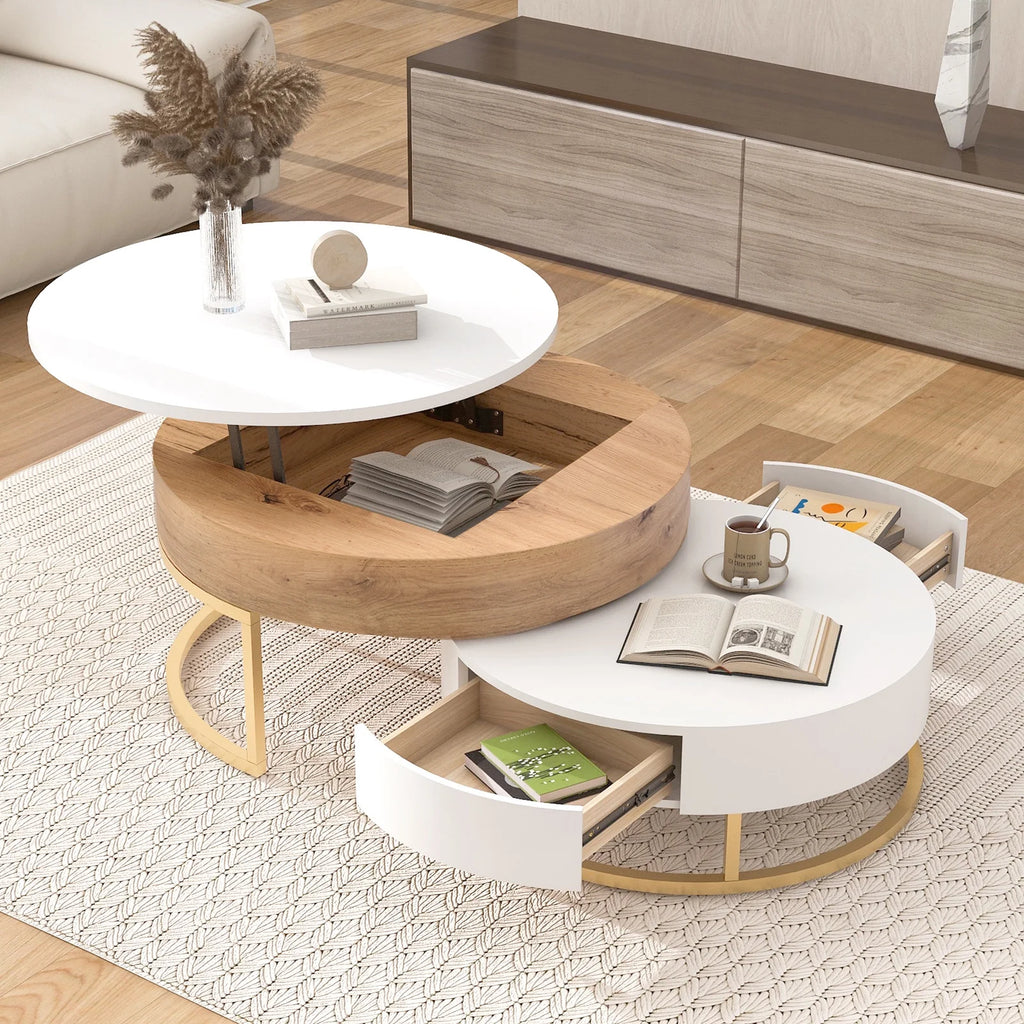 Round Lift-top Nesting Coffee Tables with 2 Drawers Q49693