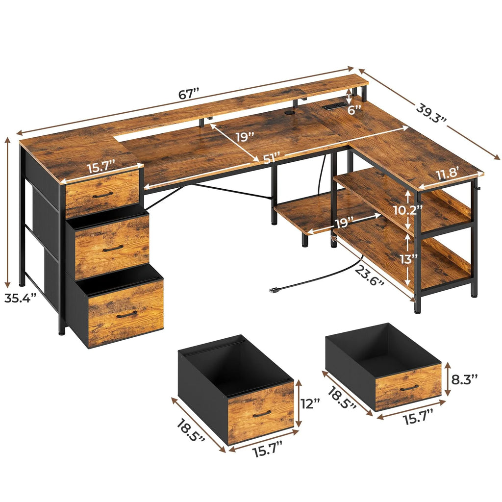 L Shaped Desk with LED Light, 67" Home Office Desk with 2 File Drawer and Power Outlet, Monitor Shelf, Storage Shelves, Brown Y132