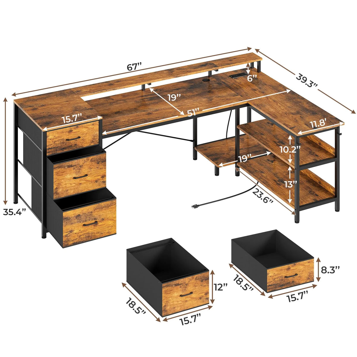 L Shaped Desk with LED Light, 67" Home Office Desk with 2 File Drawer and Power Outlet, Monitor Shelf, Storage Shelves, Brown Y132