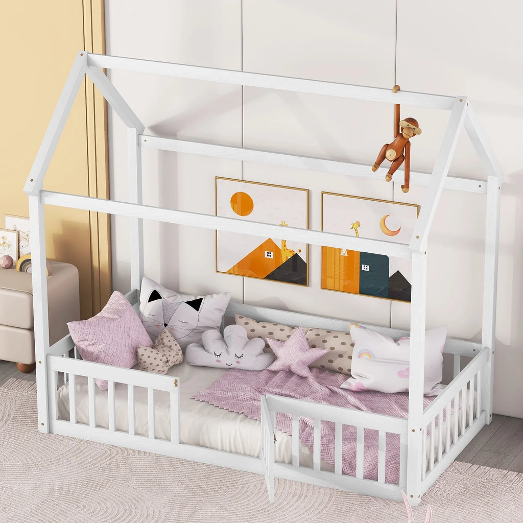 Twin House Floor Bed with Rails and Door D2338