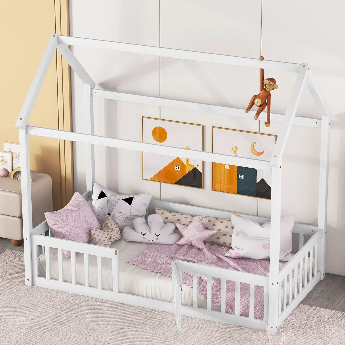 Twin House Floor Bed with Rails and Door D2338