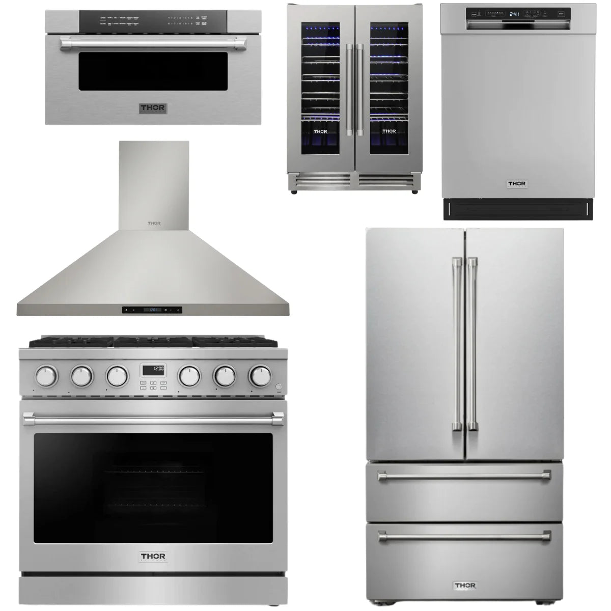 36 Gas Range, Range Hood, Refrigerator, Dishwasher, Microwave and Wine Cooler B4723