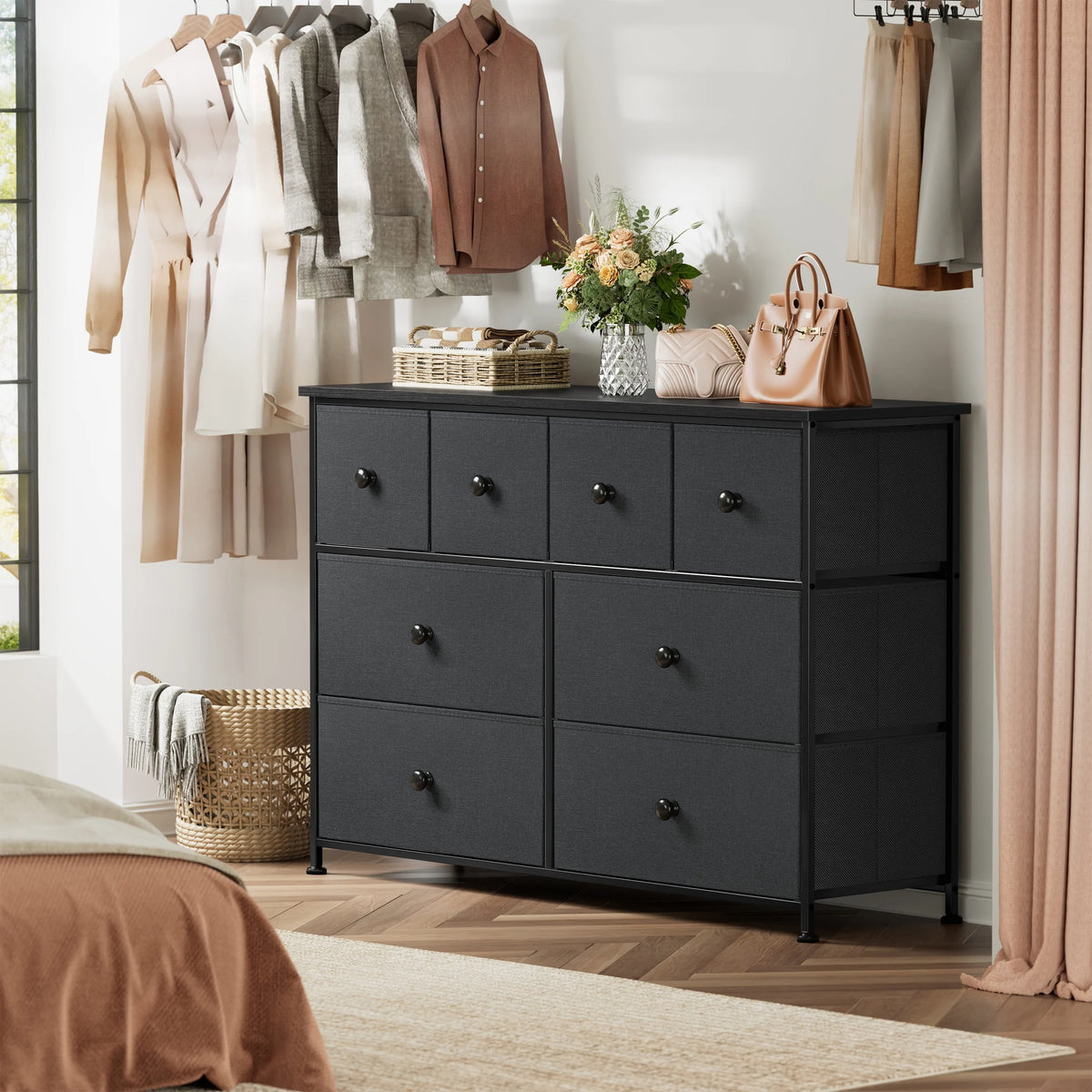 8 Drawer Fabric Dresser with Steel Frame and Wooden Top O30343
