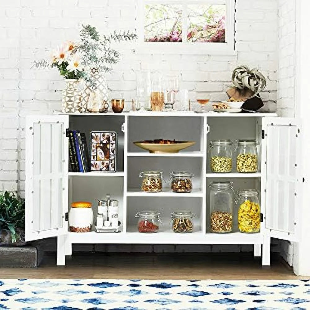 White Modern TV Stand up to 50 Inch with 2 Cabinets and 3 Open Shelves D829